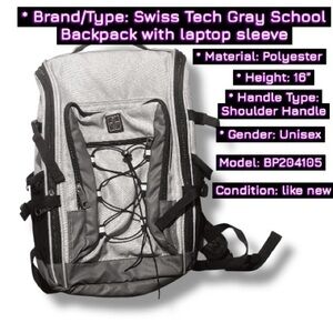 Swiss Tech Black and Gray School Backpack with Laptop Sleeve Unisex Like New